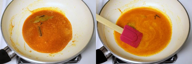 Collage of 2 images showing cooking chili water and adding yogurt.