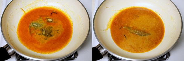 Collage of 2 images showing adding other spices and simmering.