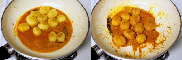 Collage of 2 images showing adding fried potatoes and mixing.