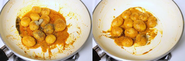 Collage of 2 images showing adding remaining spices and mixing.