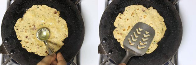 Collage of 2 images showing drizzling oil and cooking by pressing with spatula.