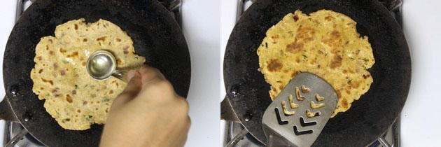 Collage of 2 images showing cooking another side with oil and by pressing with spatula.