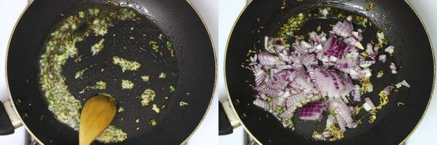 Collage of 2 images showing sauteing ginger, chili and adding onion.