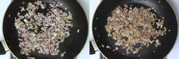 Collage of 2 images showing cooking onions.
