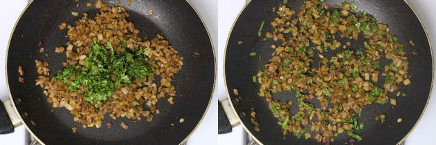 Collage of 2 images showing adding cilantro and mixed.