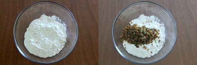 Collage of 2 images showing flour in the bowl and adding cooked onion mixture.