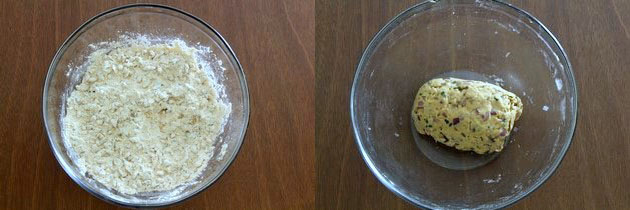 Collage of 2 images showing onion mixture mixed with flour and ready dough.