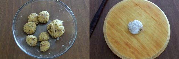 Collage of 2 images showing dough divided into small balls and dusted with flour.