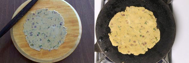 Collage of 2 images showing rolled paratha and cooking on tawa.