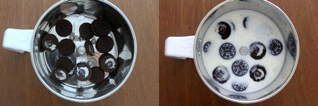 Collage of 2 images showing adding oreo cookies into the blender with milk.