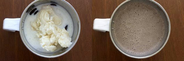 Collage of 2 images showing ice cream into the blender and blended.