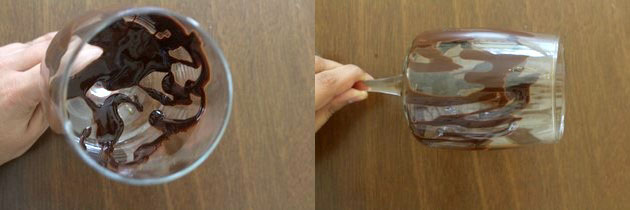 Collage of 2 images showing chocolate suryp inside wall of glass.