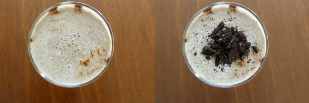 Collage of 2 images showing adding milkshake in a glass and garnished with crushed oreos.