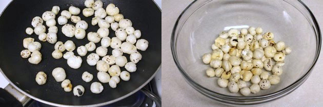 Collage of 2 images showing roasting makhana and removed in a bowl.