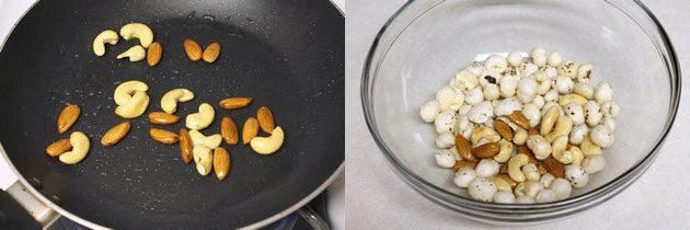 Collage of 2 images showing roasting cashews and almonds and removed in the same bowl.