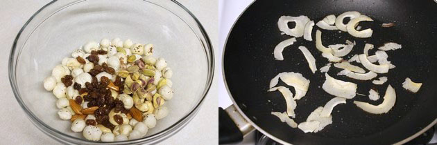 Collage of 2 images showing adding raisins in the bowl and roasting coconut slices.