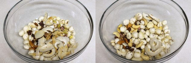 Collage of 2 images showing adding coconut slices in the bowl with salt and pepper.