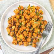 Sweet potato chaat served in a plate.
