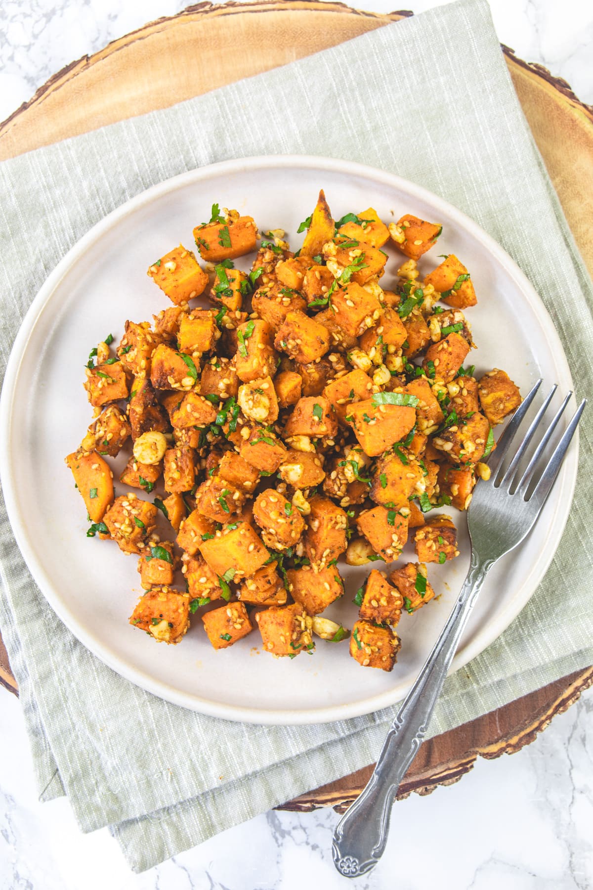 Sweet potato chaat served in a plate.