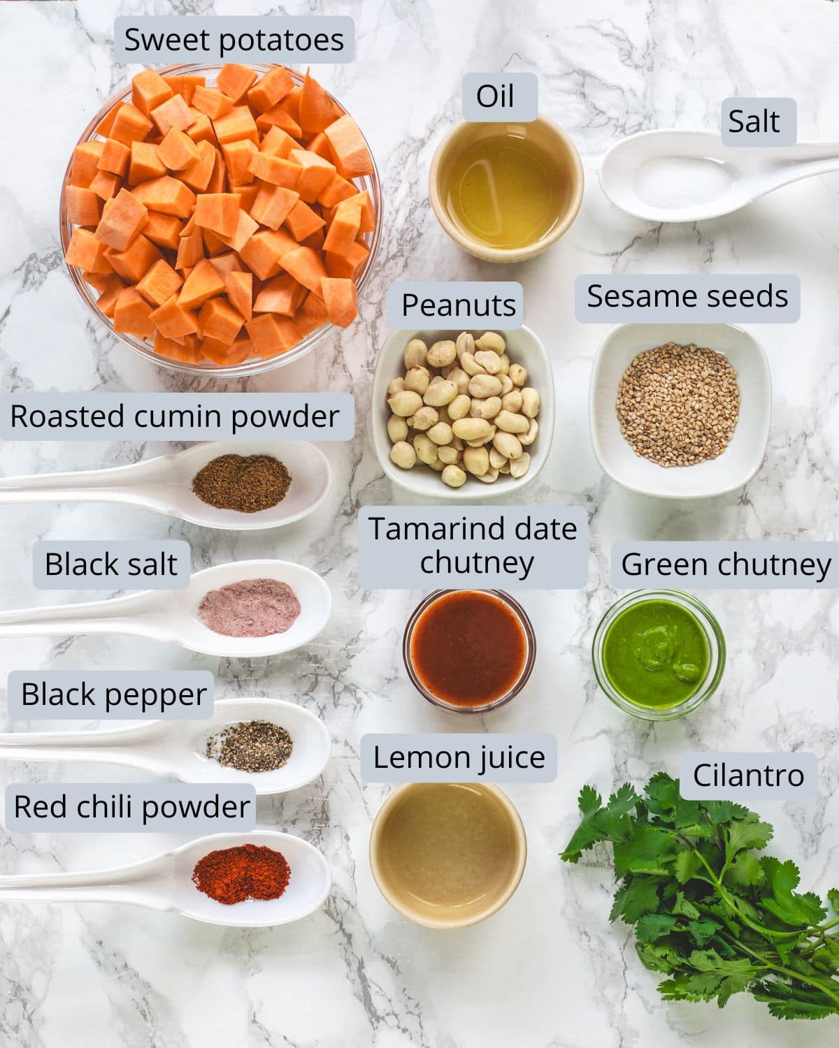 Sweet potato chaat ingredients in bowls and spoons with labels.