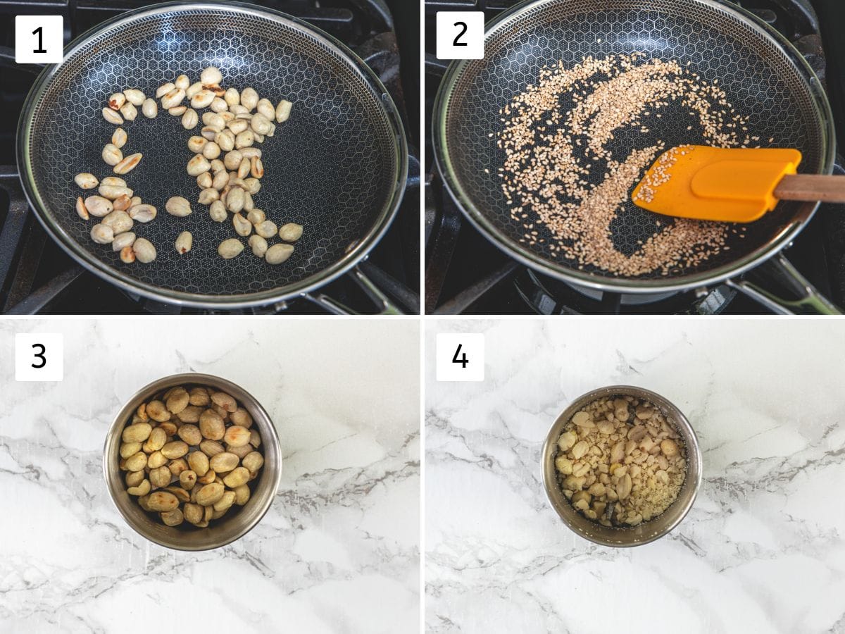 Collage of 4 images showing dry roasting peanuts and sesame seeds, roughly crushed peanuts.