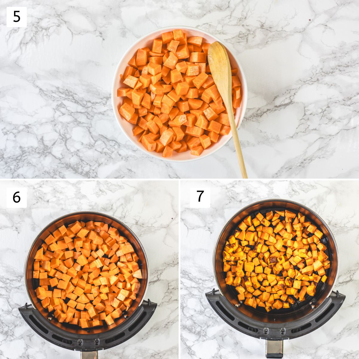 Collage of 3 images showing seasoning sweet potatoes and air frying.