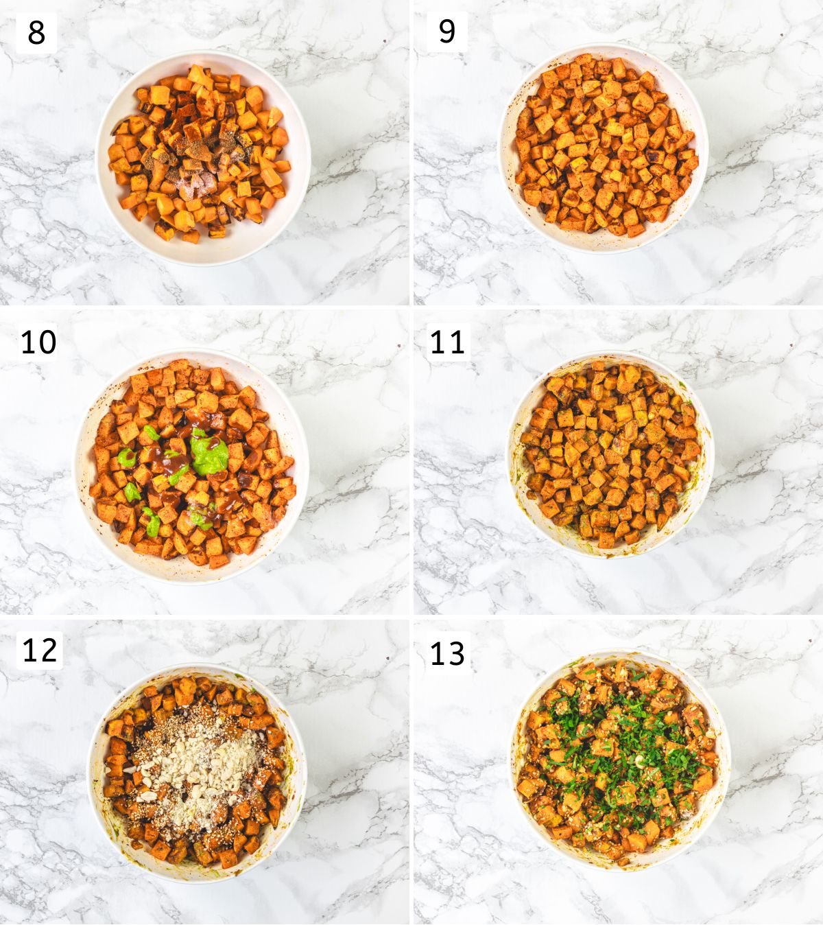 Collage of 6 images showing mixing spices, chutneys, crushed peanuts, sesame eeds and cilantro in air-fried sweet potatoes.