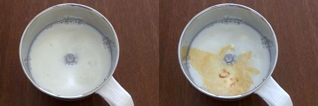 Collage of 2 images showing adding milk and vanilla to a blender.