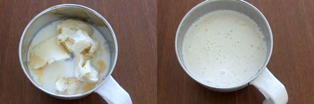 Collage of 2 images showing adding ice cream and sugar and blended.