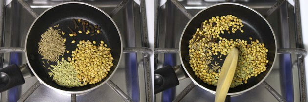 Collage of 2 images showing whole spices in a pan and roasting.