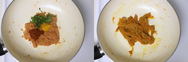 Collage of 2 images showing adding spices and herbs and mixed.