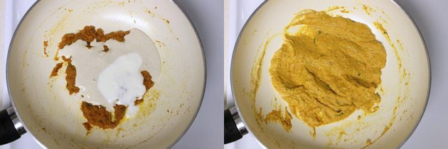 Collage of 2 images showing adding cashew, poppy seeds paste and yogurt and mixed.