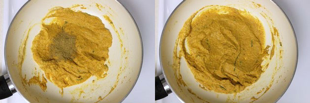 Collage of 2 images showing adding spice powder and mixed.