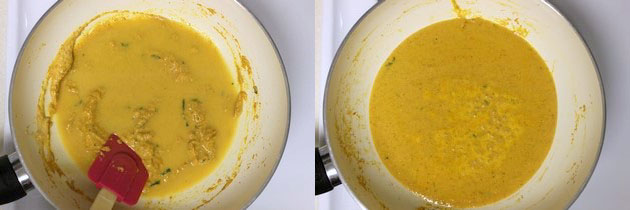 Collage of 2 images showing adding water and simmering gravy.