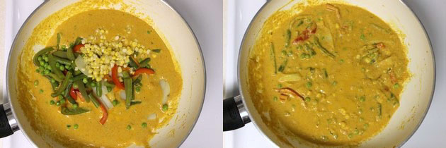 Collage of 2 images showing adding cooked veggies and corn and mixed.