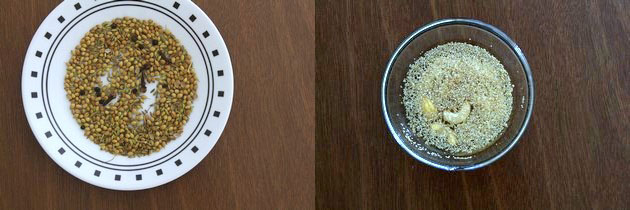 Collage of 2 images showing roasted spices in a plate and soaked cashews and poppy seeds in a bowl.