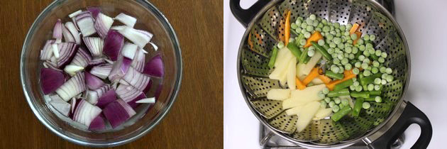 Collage of 2 images showing soaking onion and veggies in a steamer basket.