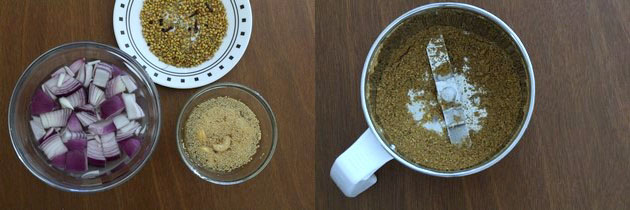 Collage of 2 images showing onion, cashew-poppy seed bowls and whole spices plate and ground powder in a grinder.