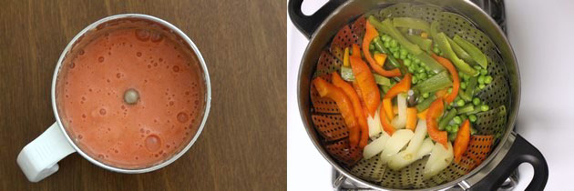 Collage of 2 images showing tomato paste and cooked veggies.