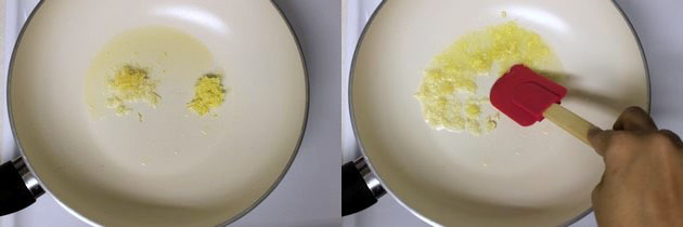 Collage of 2 images showing adding ginger and garlic paste and cooking.