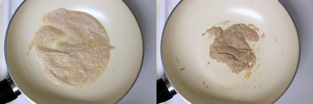 Collage of 2 images showing adding and cooking onion paste.