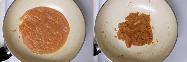 Collage of 2 images showing adding and cooking tomato puree.