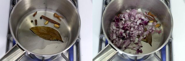 Collage of 2 images showing tempering whole spices and adding onion.