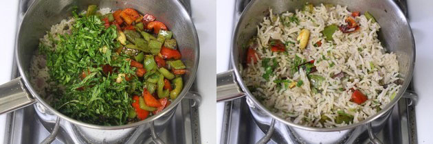 Collage of 2 images showing adding cooked peppers and cilantro and mixed with rice.