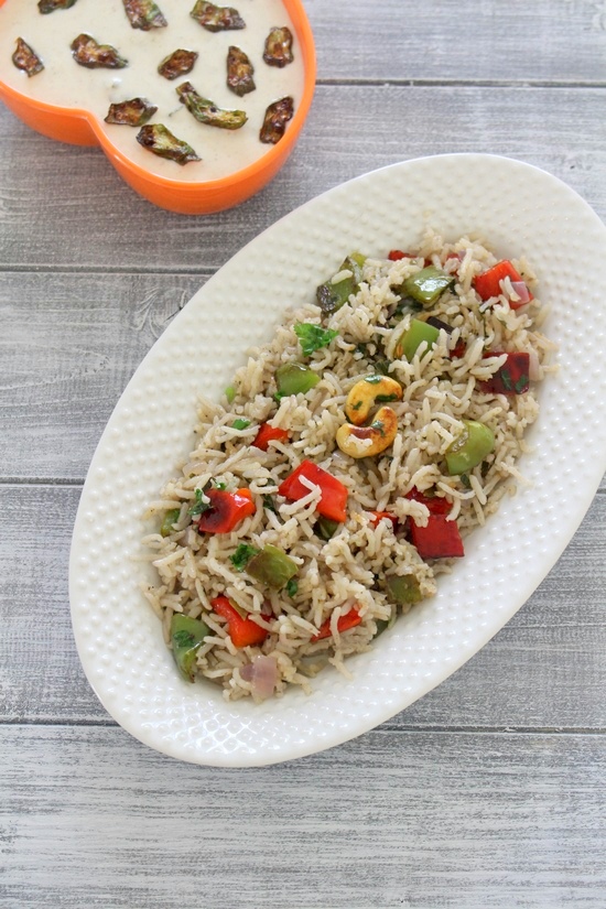Capsicum pulao served with bhindi raita.