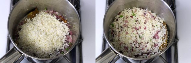 Collage of 2 images showing adding rice and mixed.