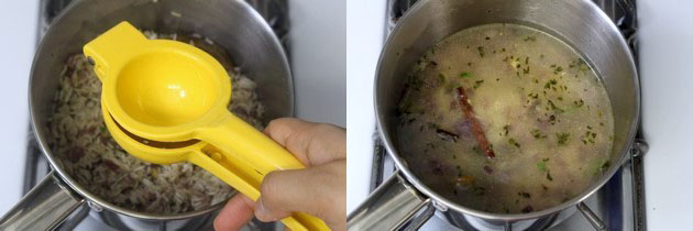 Collage of 2 images showing adding lemon juice and water.