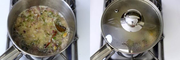 Collage of 2 images showing mixture is boiling and covered with a lid.