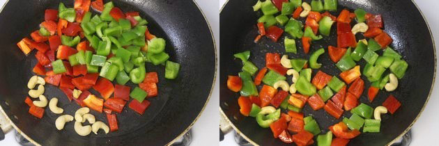 Collage of 2 images showing adding cashews and colored peppers in a pan and mixed.