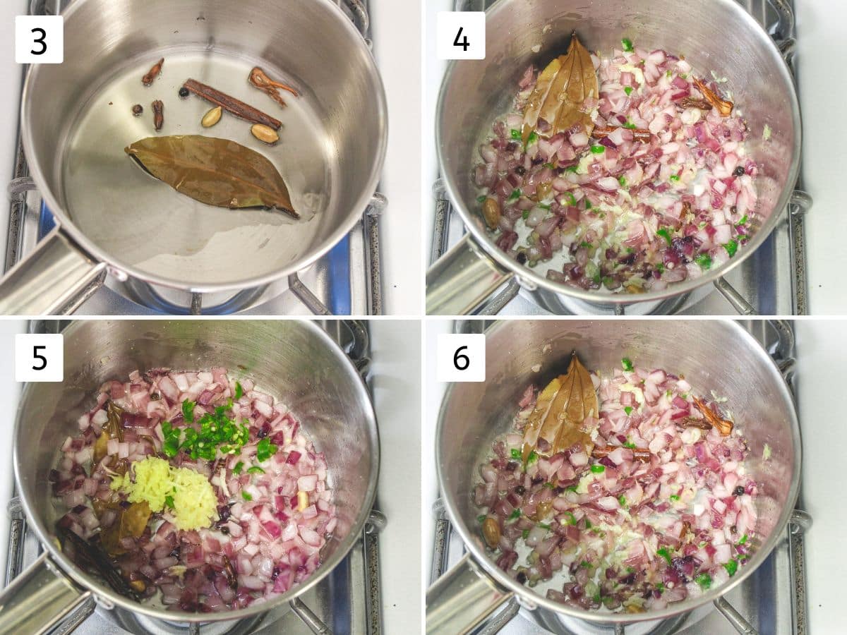 Collage of 4 images showing tempering spices, cooking onion, ginger, garlic, chili.